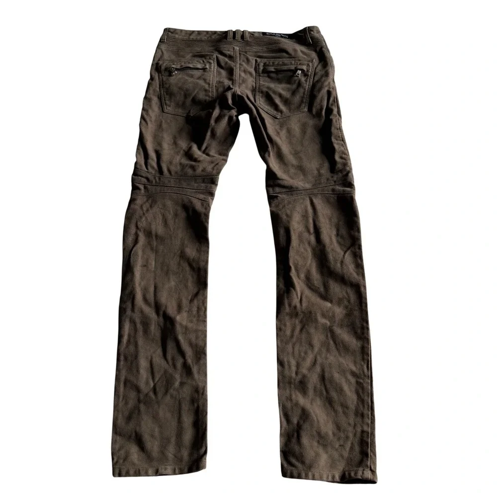BALMAIN Biker Pants Green Brown Moto Suede Ribbed Knee Men's Size 34 Distressed